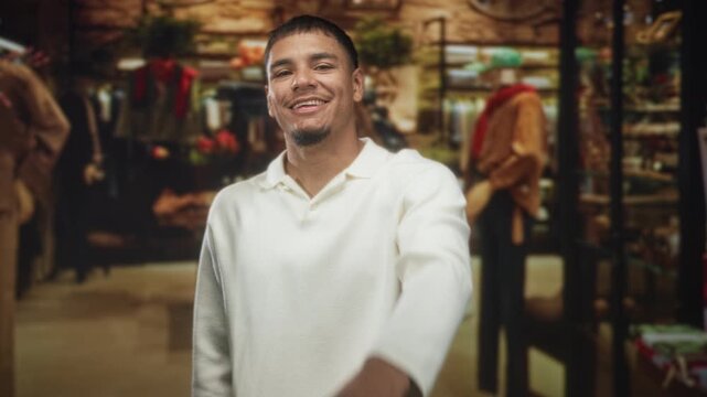 Young hispanic man winking and points finger to camera while smiling, wearing white polo in indoor retail building full of clothing racks; playful confidence.