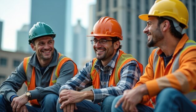 Three construction workers in hard hats and vests laugh together outdoors. Men enjoy a work break on city site. Building skyline background shows urban industry.