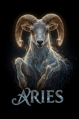 Aries Zodiac Sign Ram with Glowing Cosmic Energy on Black Background. 