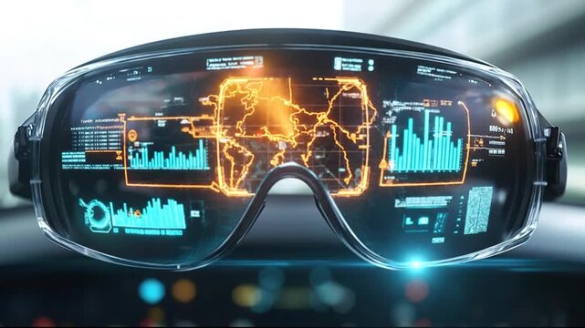 Futuristic VR headset displays holographic city map with data and analytics