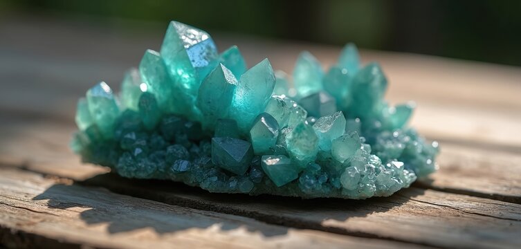 Close up of bluish green crystal cluster formation on weathered wooden planks. Natural mineral specimen with geometric facets, light plays through translucent shards.