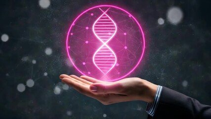 Hand holding a glowing DNA double helix structure symbolizing genetic research and biotechnology advancements in a futuristic context carefully. - Powered by Adobe