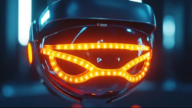Futuristic VR headset with glowing orange lights, close-up, dark background