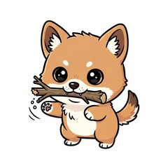 Cute Shiba Inu Puppy Holding a Stick.