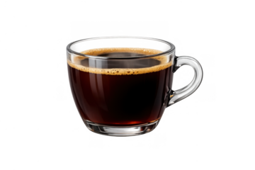 Coffee mug with fresh espresso shot, black beverage in a clear glassware, isolated with transparent background