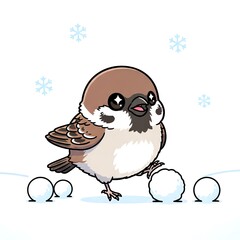 Cute Sparrow Playing in the Snow.