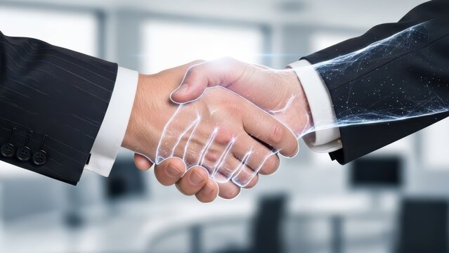 Closeup Businessman Hand shaking hands with invisible partner, representing virtual deal, remote agreement, trust in digital business, and unseen collaboration. - Powered by Adobe