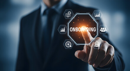 Professional businessman in suit interacts with virtual onboarding interface showcasing business growth and integration process.