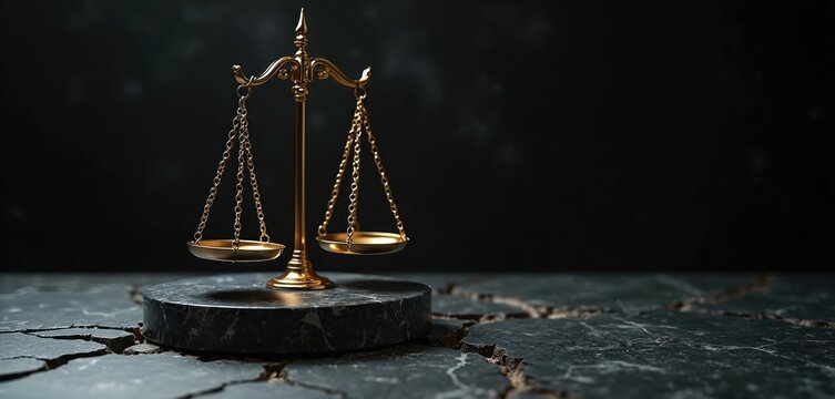 Golden scales of justice are unbalanced on cracked stone base. Symbolizing legal system problems, unfairness, need for reform and justice imbalance. Law concept.