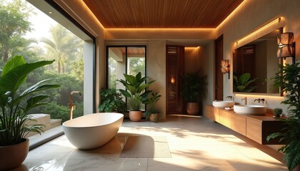 Modern bathroom design with abundant green plants, natural wood accents. Bathtub overlooks tropical foliage. Double sinks atop floating vanity complement spa-like ambiance. Warm lighting enhances