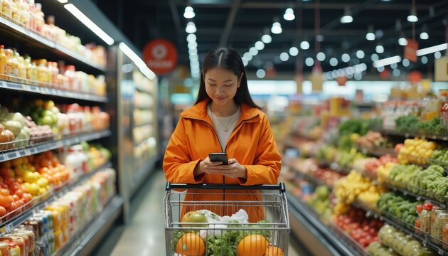 Young Asian woman uses phone while pushing full shopping cart in grocery store aisle. She selects fresh produce and drinks, browsing shelves with beverages and fruits in a modern supermarket. - Powered by Adobe