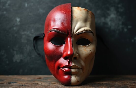 Two faced mask symbolizes duality deception hidden true self. Represents lies betrayal dishonesty masked intentions. Symbol for truth day justice honesty.