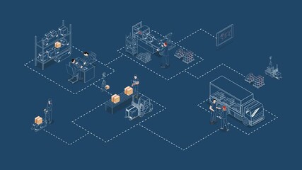 Isometric animation illustrating industrial logistics and supply chain processes. - Powered by Adobe