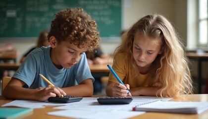 Two children, a boy and a girl, intently focus on math problems at their desks in a classroom. They use calculators and pencils to complete their assignments, learning together.