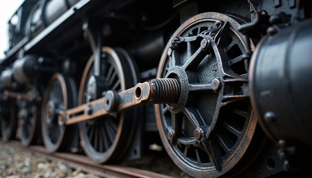 Closeup of huge black metal gear train wheel structure on old steam engine locomotive. Antique powerful steel engine detail on railway tracks.