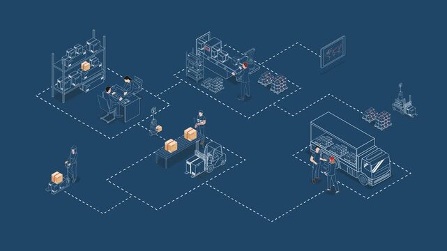 Isometric animation illustrating industrial logistics and supply chain processes.