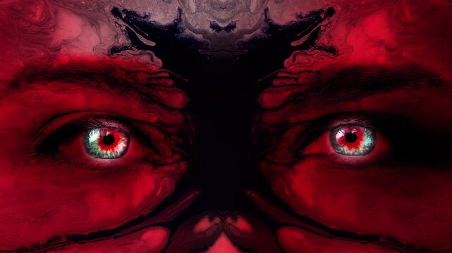 A mystic woman's face of red color close-up with colorful glowing eyes and patterns of dripping black paint on her face. Mysterious female gaze. Creative 4k time-lapse video.