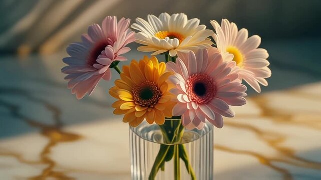 Bright bouquet of gerbera flowers in warm sunlight creating cheerful colorful floral composition symbolizing happiness, freshness and spring beauty.