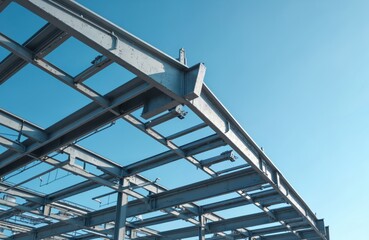 Naklejka premium Steel beams and girders form building framework against clear blue sky. Industrial structure for warehouse or house construction site shows metallic framework detail.