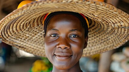 Smiling Artisan: A portrait of a woman of color, radiating warmth and resilience, adorned with a woven hat. A testament to cultural pride and everyday beauty.