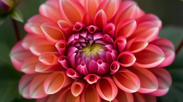 A vibrant dahlia bursts with intense pink and coral tones, its layered petals forming a striking symmetrical pattern full of energy, detail, and visual impact.