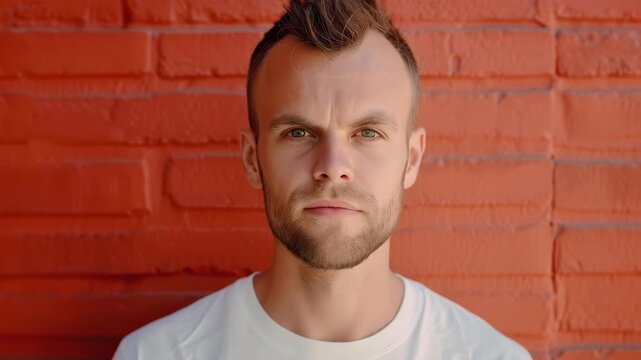 Stoic Reflection Against the Wall: A man with a short hair stares directly at the viewer with an unfazed expression, set against a background of a brick wall.