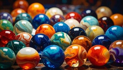 A close-up shot of an array of colorful, swirling orbs with mesmerizing patterns, reflecting light