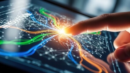 Index finger touching digital interface showing innovation