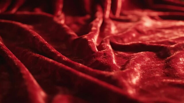 Close up of luxurious red velvet fabric texture with elegant folds and waves