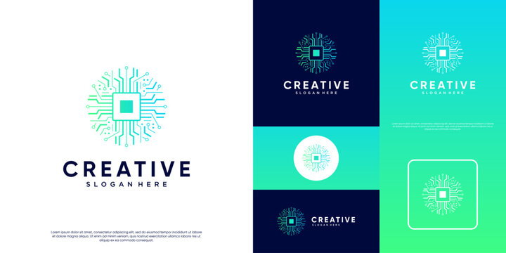 digital innovation logo with interconnected data points, hardware and software, graphic design illustration.