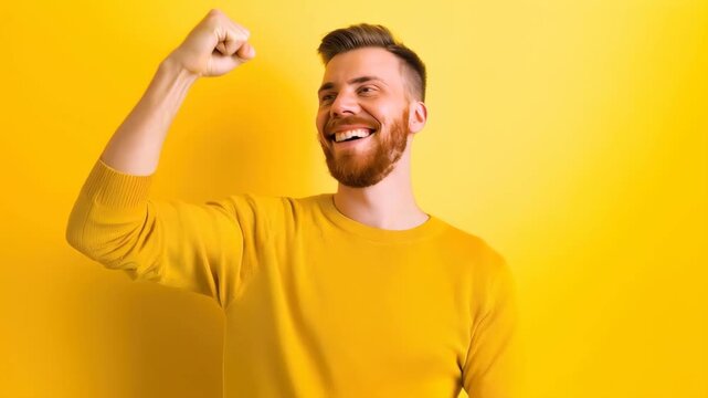 Optimistic Man with fist up: A handsome man exudes confidence, raising a fist, expressing strength and joy against a yellow backdrop.  