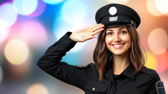 Courageous Guardian of the Law: A female officer stands tall, her salute exuding respect and professionalism against a backdrop of vibrant, blurred lights.
