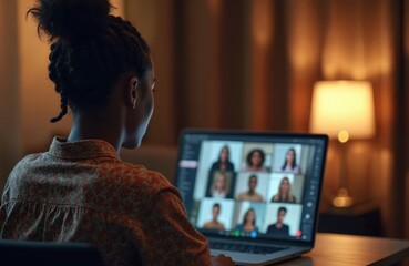 Young woman has video call with team. Diverse colleagues communicate on laptop screen during online meeting. People work from home in virtual conference.