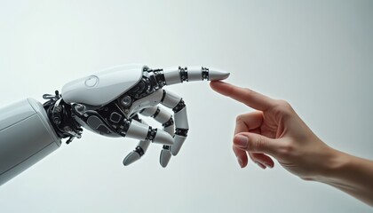 Robot hand and human finger touch. Futuristic ai meets human connection. Concept of artificial intelligence, partnership, digital future, and advanced tech.