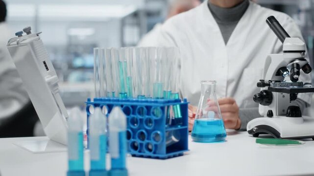 Molecular biologist pipetting reactant into blue solution for purity analysis. Middle aged woman adding liquid agent to test tube to observe chemical reaction properties, camera B