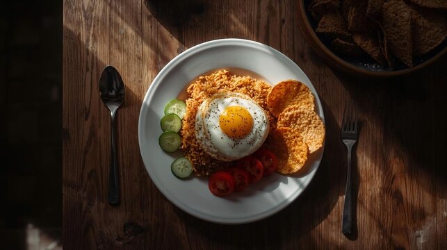 Top view of Indonesian nasi goreng kampung on rustic table