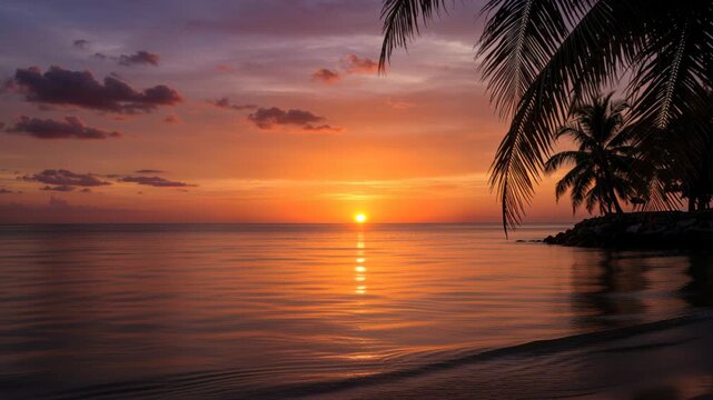 Golden Hour's Embrace: A serene coastal scene where the sun dips below the horizon, painting the sky with fiery hues. Reflecting upon the calm water, palm trees gracefully frame the moment.