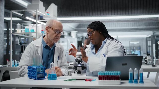 Team of microscopists reviewing patient biopsy slide to detect abnormal cellular growth. Teamworking hospital lab colleagues using microscope for diagnostic confirmation, camera A