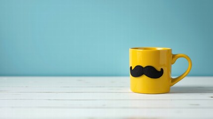 Funny Yellow Moustache Mug on White Wooden Table with Blue Wall Background