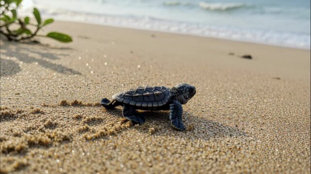 Tiny Turtle's Trek: A newborn turtle, embodying resilience and hope, embarks on its journey towards the ocean, leaving its footprints on the warm sands of the beach.