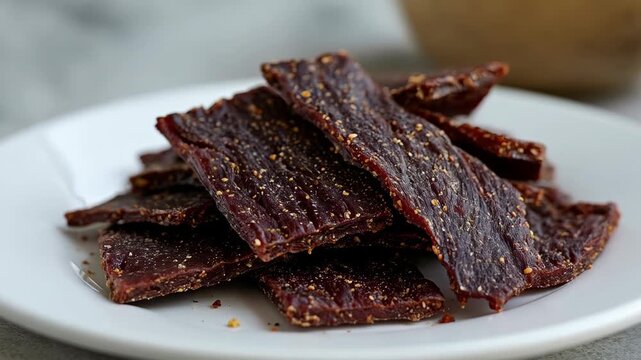 Delectable Beef Jerky: A close-up view of a pile of savory beef jerky strips, offering a tempting treat for snackers with a delicious look.