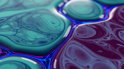 Biomorphic Liquid Art: Fluid, cell-like organic shapes in vibrant turquoise and deep purple, blending biology with abstract art.