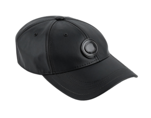 Black baseball cap isolated transparent background perspective view