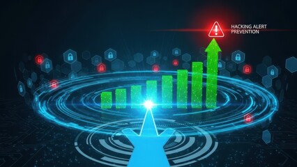 Abstract digital interface pointing at growth chart representing cybersecurity protection with data privacy and hacking alert prevention