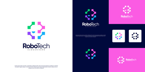Interconnected molecular logo in the shape of a robot head, modern abstract style, colorful, vector graphic design.