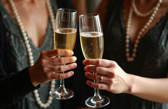 Two women in 1920s flapper style raise glasses of champagne, clinking them in a toast. Elegant pearls adorn their necks as they celebrate at a party. Joyful friends enjoy bubbly drinks.