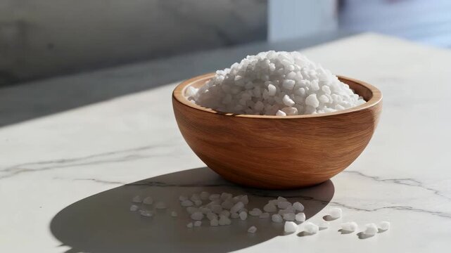 Sea Salt Harmony: A wooden bowl brimming with glistening sea salt crystals sits gracefully on a marble surface, creating a visual symphony of natural elements.
