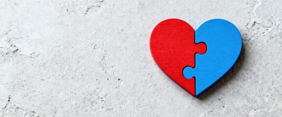 Red and Blue Heart Puzzle Pieces Interlocked on Textured Gray Surface Symbolizing Unity and Love