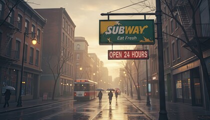 City Street Scene At Sunset With Subway Sign And People Walking In The Rain Holding Umbrellas