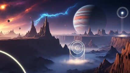 A futuristic digital illustration of a distant planet with a large moon, set amidst a vibrant cosmic landscape with mountains, lightning, and celestial bodies. Perfect for sci-fi movies, - Powered by Adobe